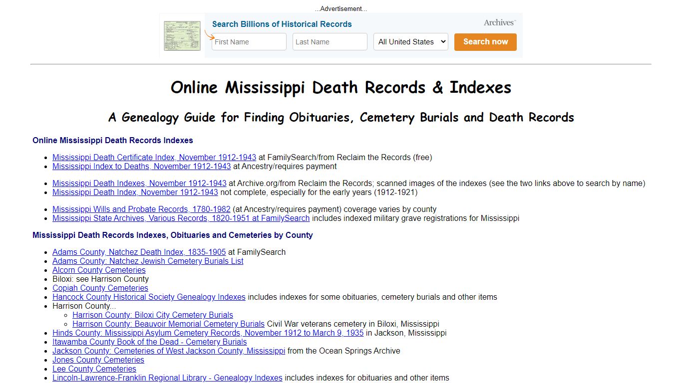 Online Mississippi Death Indexes, Records & Obituaries